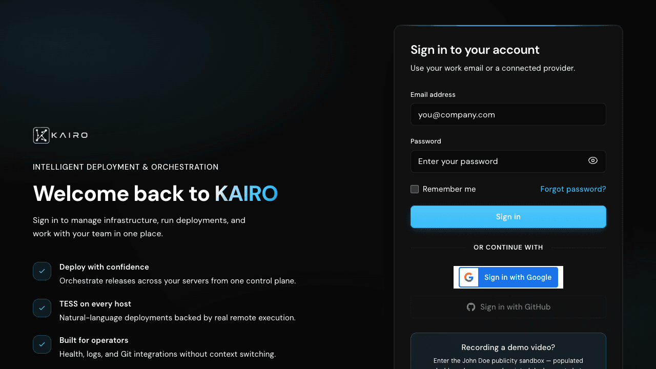 KAIRO login page with email and OAuth buttons