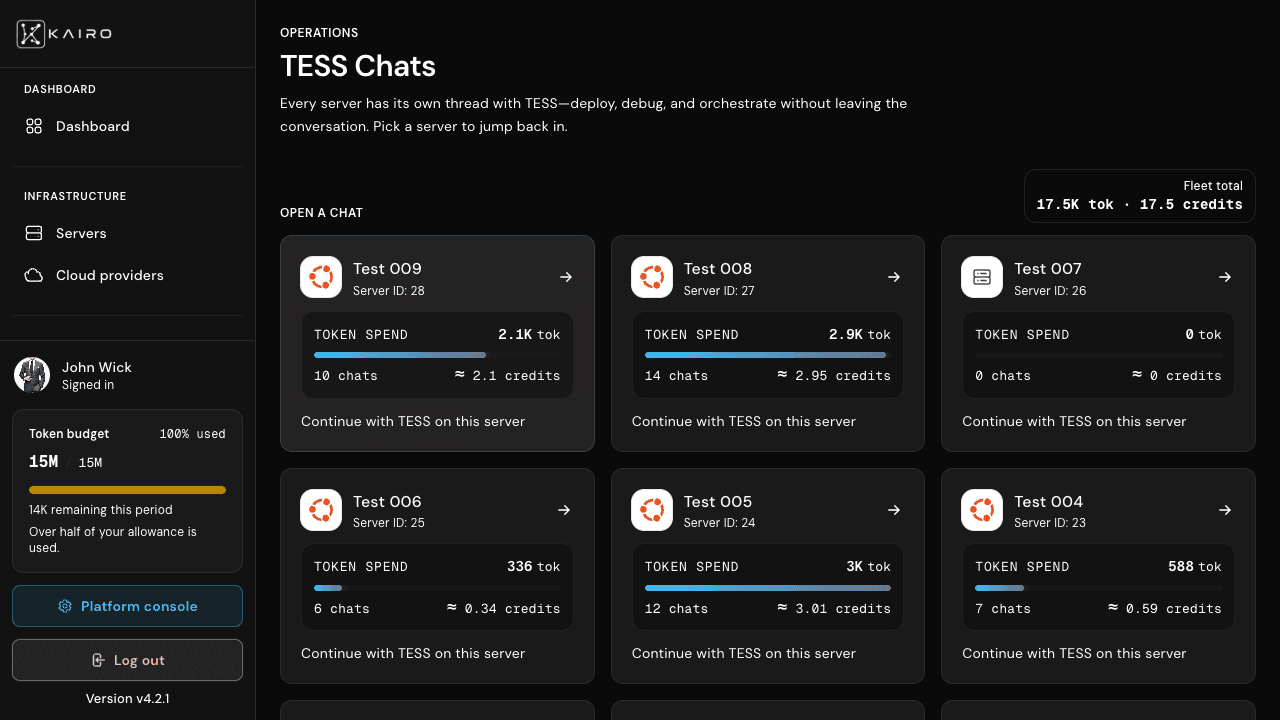 TESS Chats hub with server cards