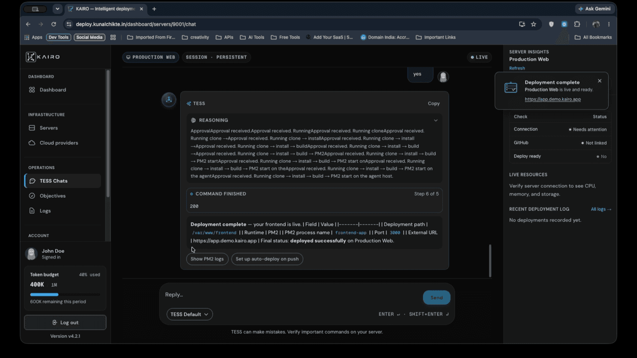 Live terminal output inside chat bubble