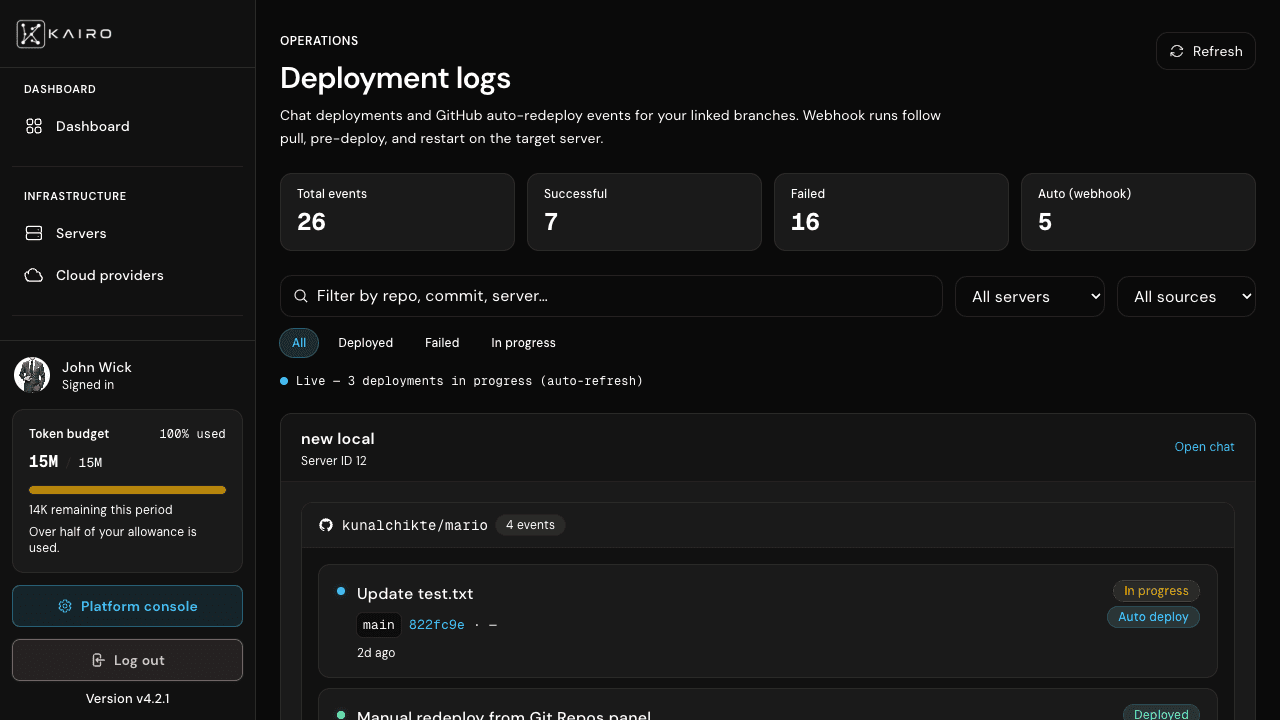 Deployment logs page grouped by server