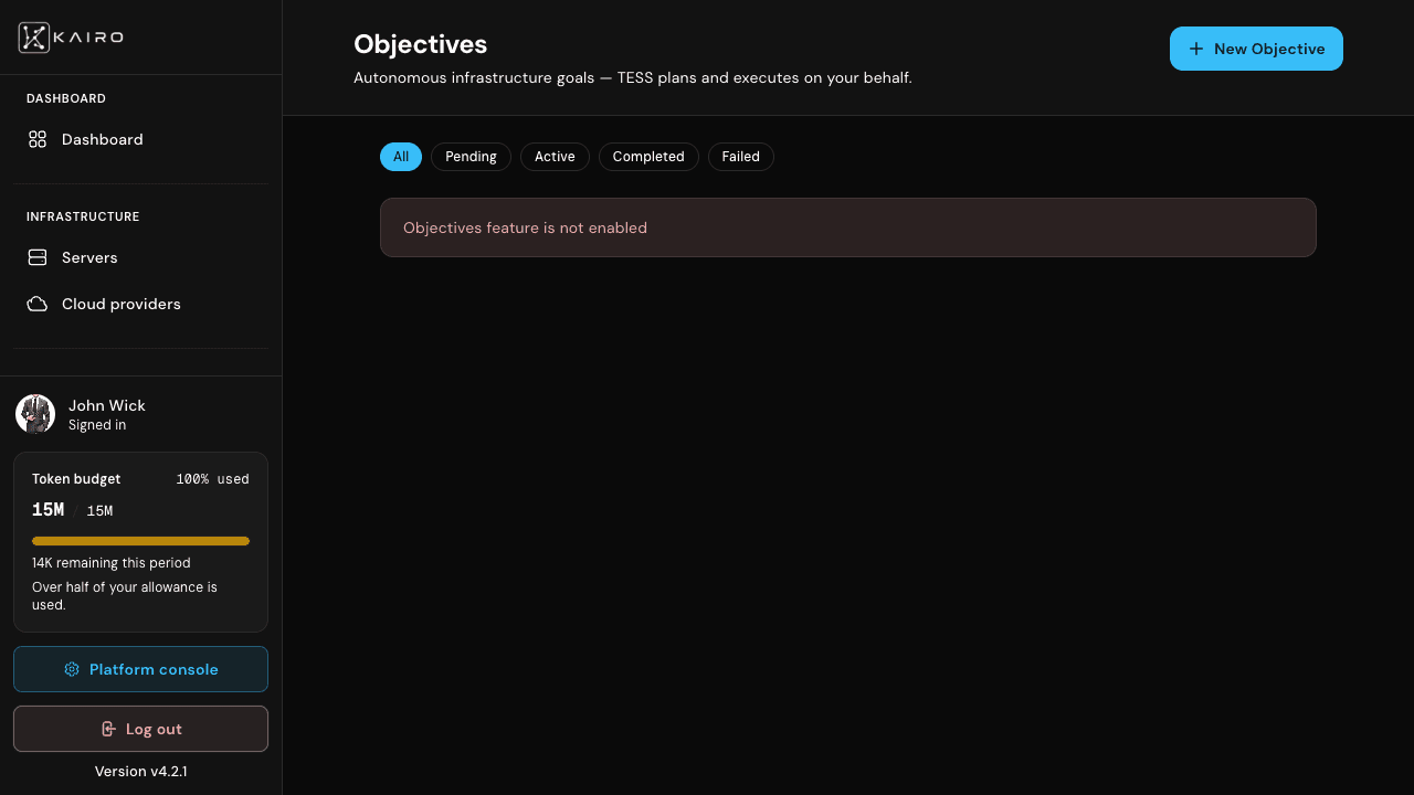 Objectives list with status filters