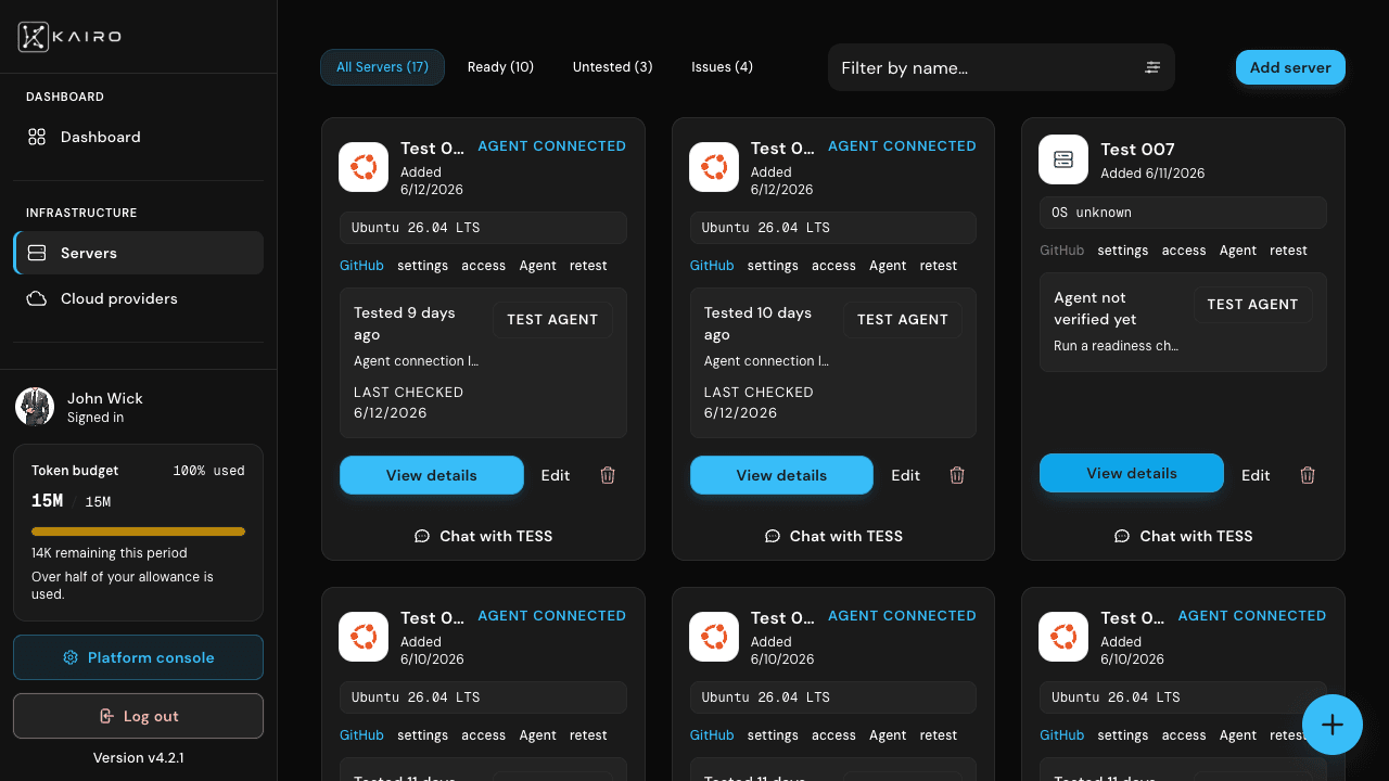 Server fleet list with status indicators
