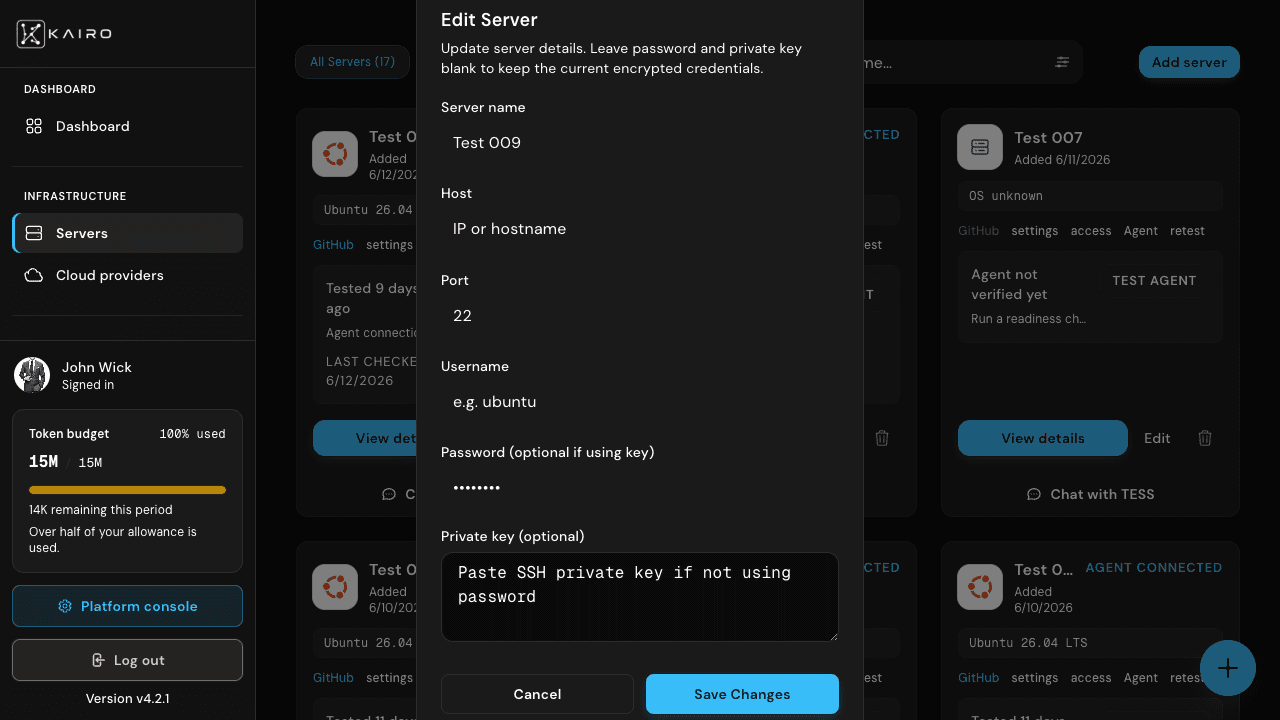 SSH server form fields