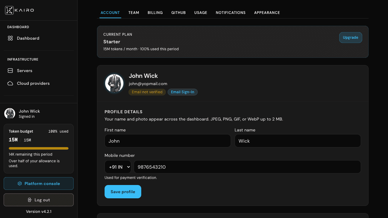 Account settings tab
