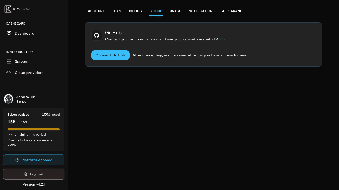 GitHub settings tab with repo list