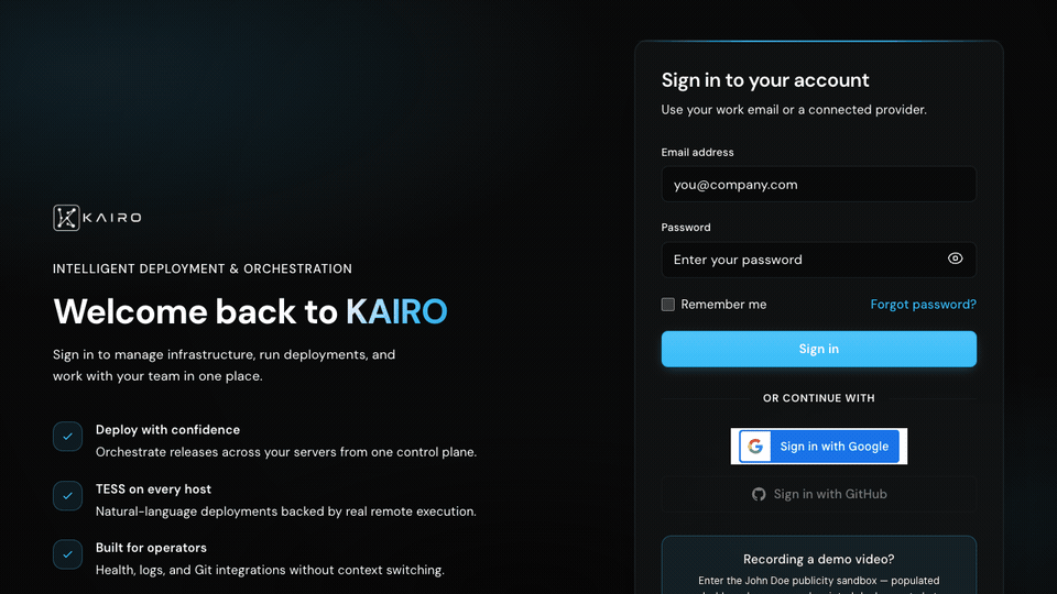 Animated walkthrough: typing email and password on the login page, signing in, and landing on the dashboard